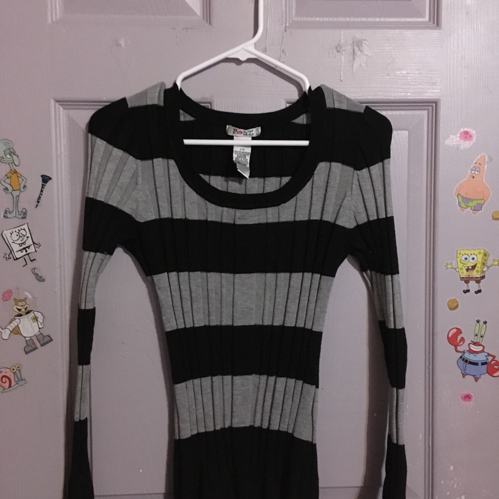 Pout Women's Black and Gray Striped Rib-Knit Top